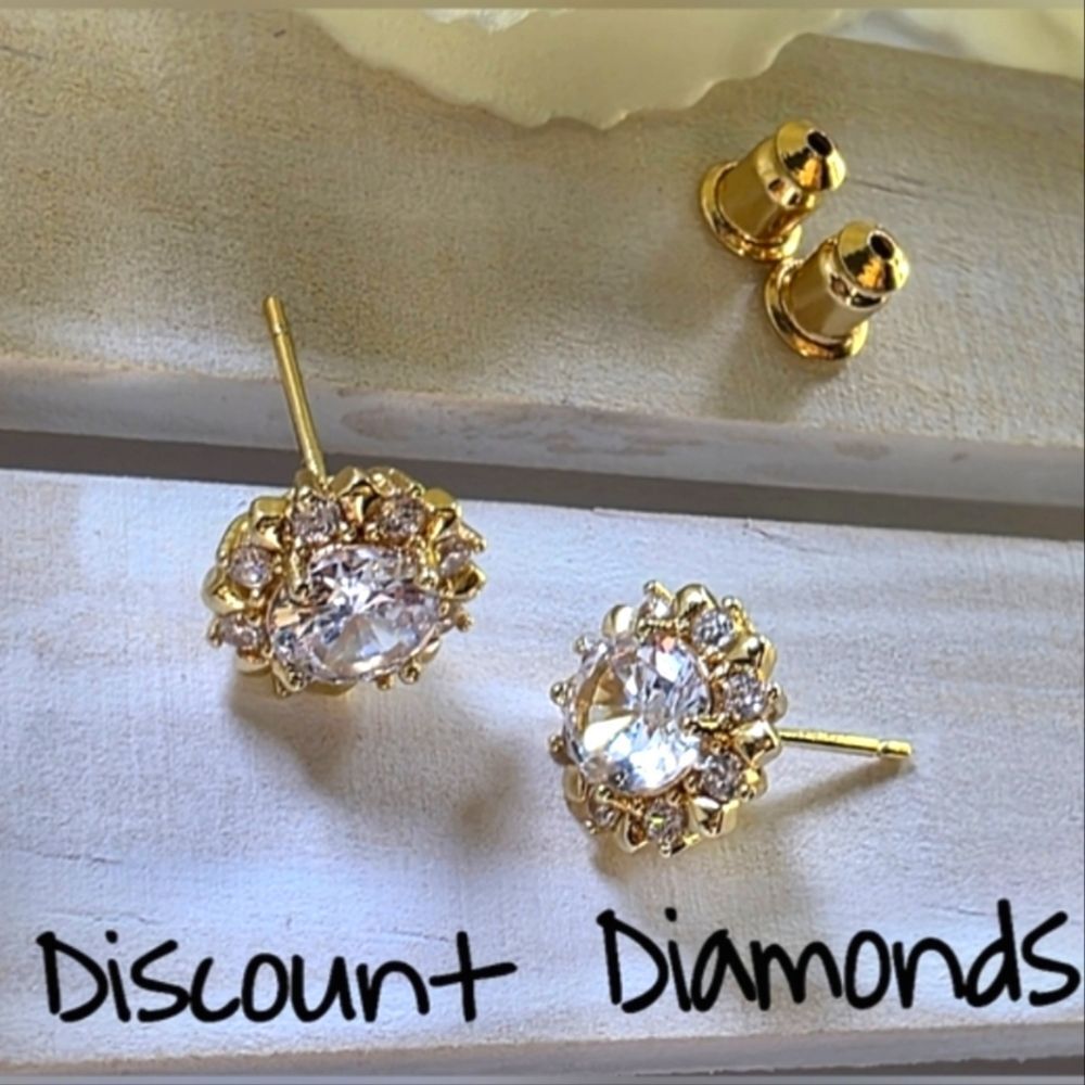 Clear White Round Cut & Baguette Diamond Earrings 18K Yellow Gold On 92…